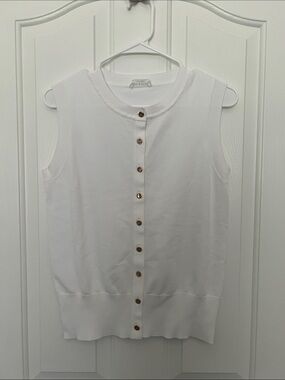 Sleeveless White Button-Front Knit Sweater Vest